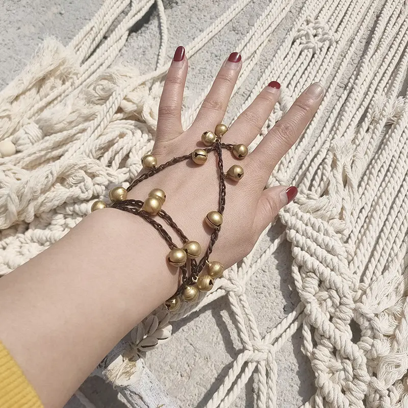 1 Piece Women’s Boho Antique Gold Copper Bell Slave Bracelet, Adjustable Braided Hand Harness with Jingle Charms, Bohemian Jewelry for Festival, Beach, Vacation, Everyday & Summer Gifts permanent woman teen girl gift