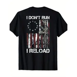 ToolHeaven 100% Cotton American Flag Patriots T-Shirt - 'I Don'T Run I Reload Gun' Design, Short Sleeve, Round Neck, Machine Washable