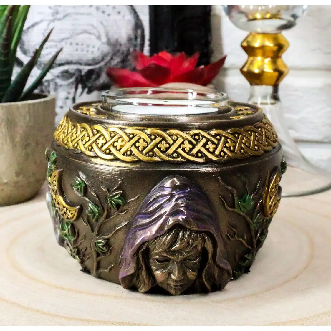 Ebros Sacred Moon Triple Goddess Maiden Mother Crone Wicca Votive Candle Holder Statue