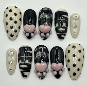 3D Cat Paw Music Notes Press On Nails | Black White Pink Goth Polka Dot Oval Rock Nails