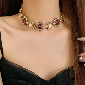 Vintage square splicing diamond necklace set, court style exquisite collarbone chain jewelry