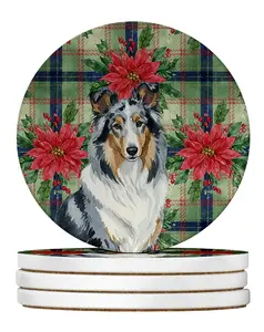Carolines Treasures WDK8585RCS4 4 x 4 in. Blue Merle Collie Christmas Poinsettias Large Sandstone Coasters, Pack of 4