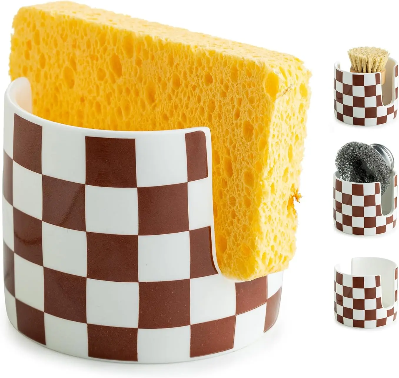 Brown and White Ceramic Checkered Kitchen Sink Sponge Holder - Kitchen Counter Organizer Accessory for Drying Scrubbies, Decor