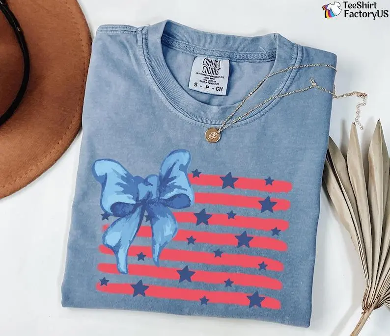 Coquette American Flag Shirt Bow Patriotic Women 4th of July Tee