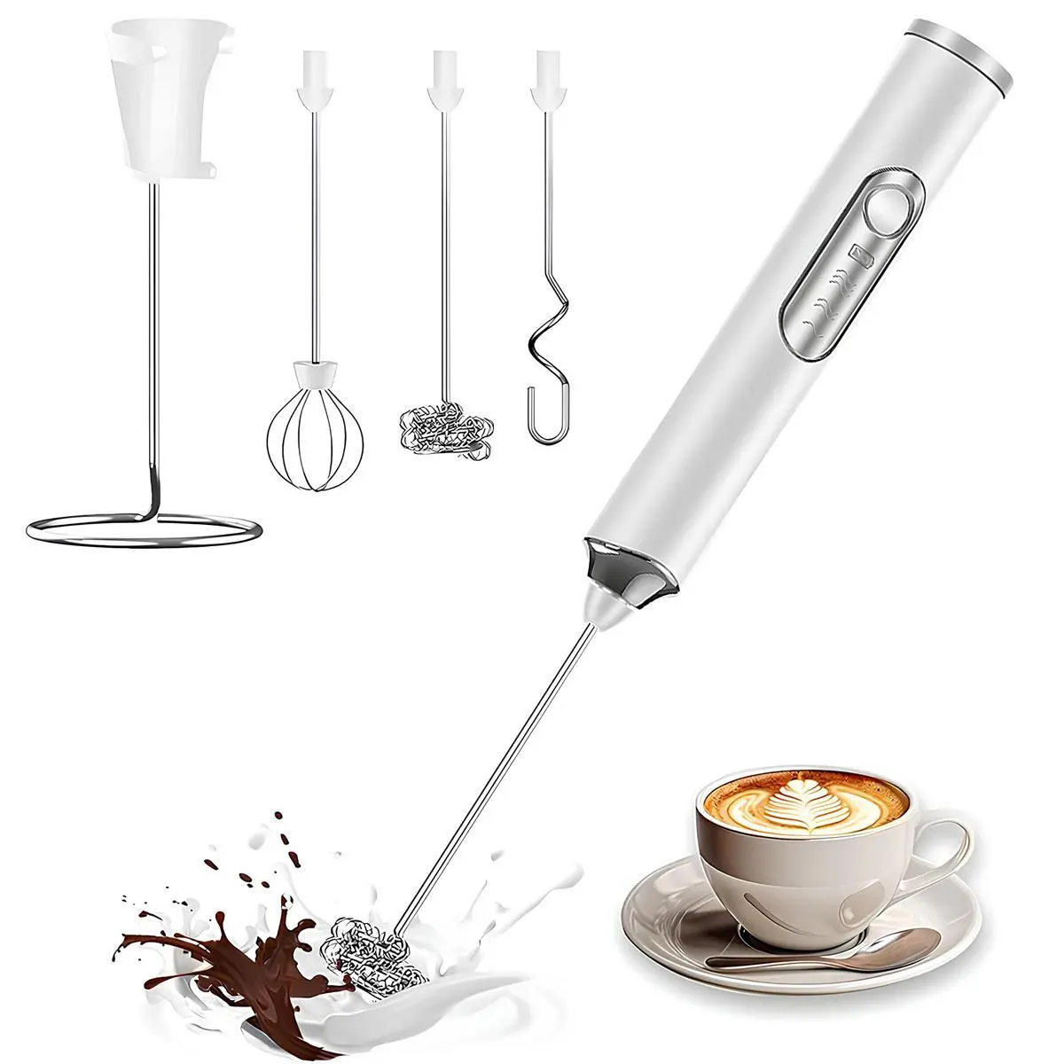 Rechargeable Milk Frother, Milk Frother Handheld with 3 Heads 3 Speeds, Coffee Mixer, Electric Milk Bubbler, Detachable Stainless Steel Whisk for Latte, Cappuccino, Matcha, Egg - Black/White