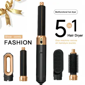 1PCS Black and Gold 5-in-1 Hot Air Brush, Hair Styler, Hair Dryer/Straightener/Curling Iron with Interchangeable Brush Rotating Head, Fast Drying, Automatic Curling, Straightening, Professional Styling, Easy to Use