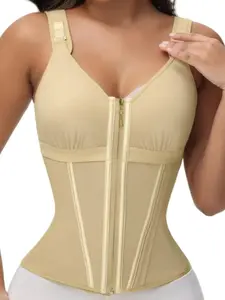 1 Count Women's Adjustable Strap Shaperwear Tops, Fajas, 13 Boning Support Tank, Golden Zipper with Hook Closure Corset, Chest Pleated Vest, Ribbon Separated Design Underwear, Control Waist Trainer, Style For Daily Wear Shapewear