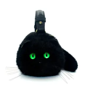 Middle-Sized Black Cat Purse with Green Eyes
