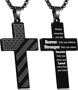 American Flag Cross Necklace for Men, Easter Basket Stuffers Gifts for Him, Stainless Steel Cross Pendant Chain with Bible Verse, Baptism First Communion Pendant Necklace Gifts