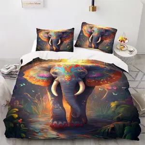 Three-Piece Colorful Elephant Bedding Set, Vibrant Pattern, Includes One Duvet Cover and Two Pillowcases, 100% Polyester, Universal Size