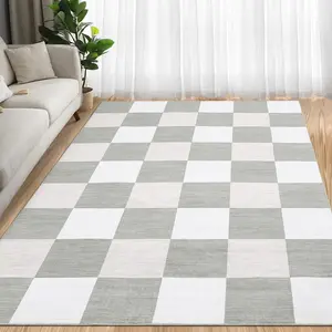 【GARVEE】Modern Checkered Plaid Area Rug 9x12 - Large, Non-Slip, Machine Washable, Low Pile Geometric Soft Floor Carpet, Non-Shedding, Foldable Indoor Mat for Living Room Home Decor in Gray