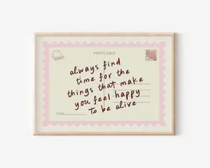 [Sale off up to 50%] [Free ship] [No Frame] Always Find Time Postcard Print, Horizontal Pink Trendy Retro Aesthetic Positive Preppy Wall Art, Affirmation Happy Home Decor Physical Print