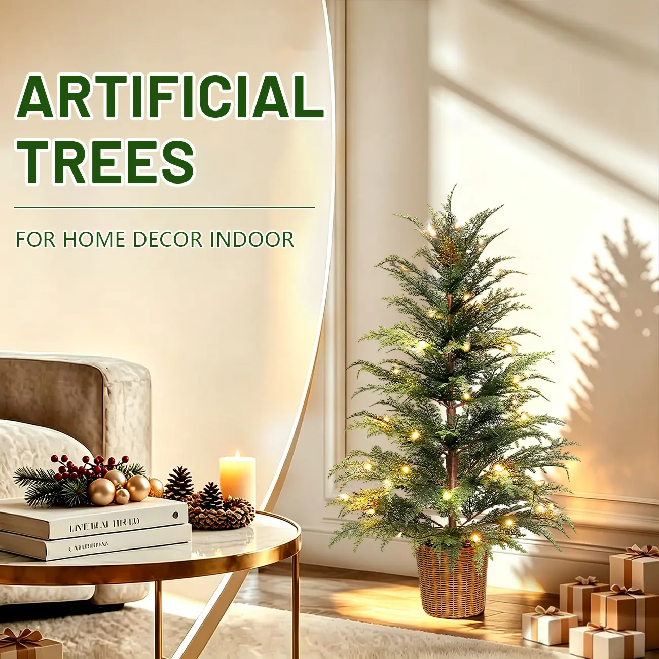 1 Pcs 4.3 ft Artificial Cedar Christmas Tree with LED String Lights (Planter Included), Christmas Decoration, Suitable for Porch, Outdoor, and Indoor Home Decoration