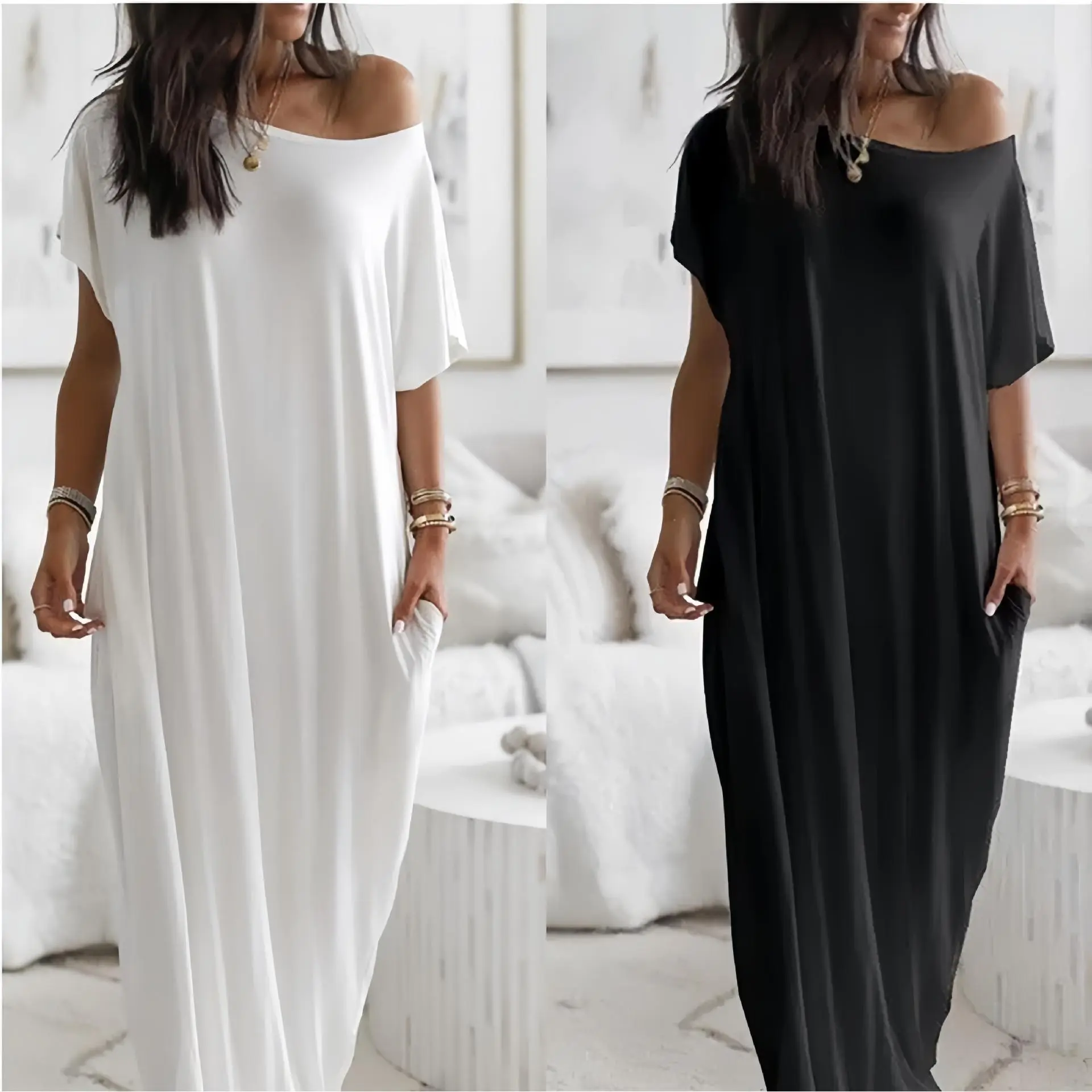 Women's Solid-Color Batwing Shortsleeve Soft Lightweight Loungewear Dress - Casual Comfortable Home Nightgown Sleepwear, 2026 Summer Style, Casual Wear, Lady, Off Shoulder, Clothes