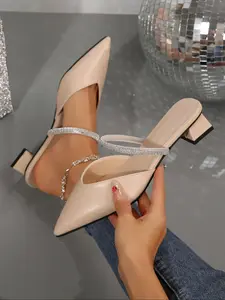 Women's Elegant Rhinestone Decorated Pointed Toe Slip on Sandals, Trendy Minimalist Mule Sandals, Fashionable Heeled Sandals, Strappy Sandals for Daily Wear Footwear