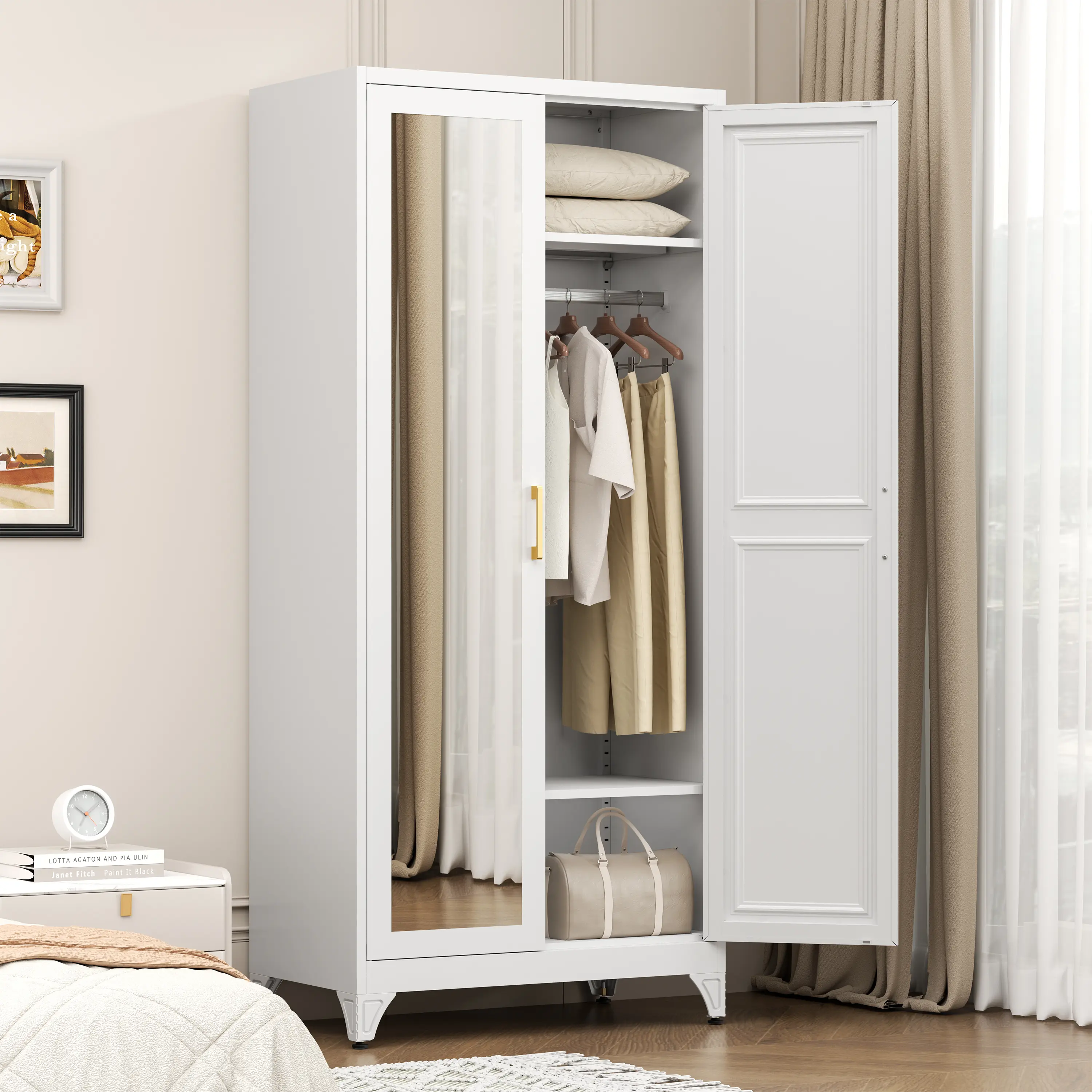 POLUP 71” Glam Metal Storage Armoire - Modern White Steel Wardrobe with Mirror Door, Hanging Rod, Adjustable Shelves, Leveling Feet, Easy Setup, Freestanding Indoor Furniture for Bedroom, Office