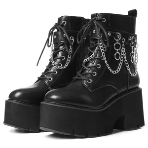 Ankle Platform Boots for Women Round Toe Chain Punk Wedge Chunky Heel Lace Up Combat Punk Jennifers Body Heels Rave Booties Gifts Zipper Closure Slip On Party Casual Outdoor Events Dress Shoes