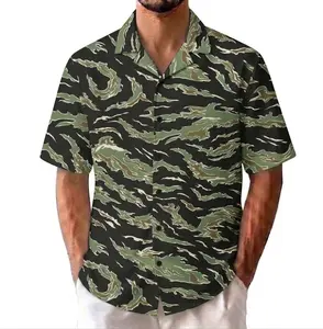 Hot Summer 2026 Men’s Green Tiger Camo Hawaiian Shirt, Military Style Summer Button Up Shirt