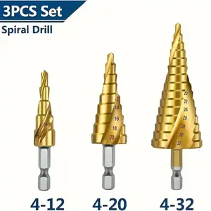 3pcs HSS Titanium Coated Step Drill Bit Set - Drill Through Plastic, Wood, Metal Sheet & Aluminum With Handle Step Drill!