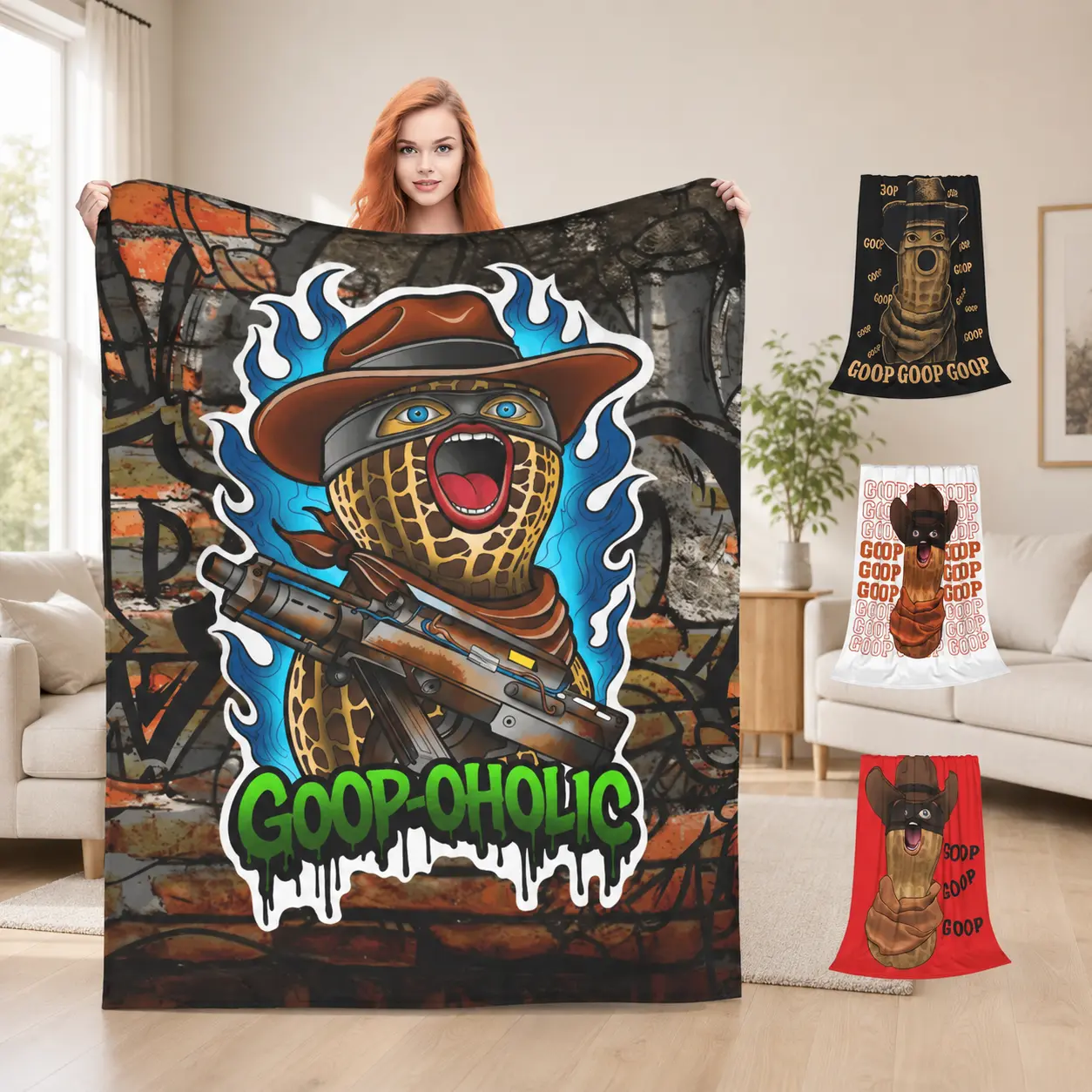 Funny Cowboy Peanut Flannel Throw Blanket, Goop-Oholic Graffiti Character Graphic, Blue Flame Western Street Art, Soft Cozy Lightweight Blanket for Teens Adults, Gaming Room Couch Bedroom Decor Gift