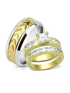 His & Hers CZ Wedding Engagement Ring Set Yellow Gold Plated Stainless Steel