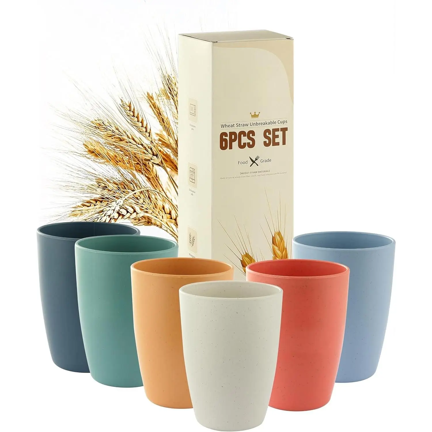 6-Count Synthetic Wheat Straw Plastic Drinking Cups Set - 12oz Lightweight Unbreakable Drinking Glasses for Kids, 6 Colors, Everyday Use, Dorm Rooms & Camping, Tumbler