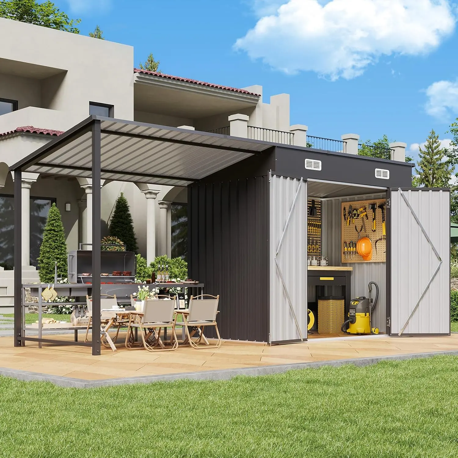 【2 Boxes Shipped At Different Times】Aoxun 2-in-1 Metal Outdoor Storage Shed & Hardtop Gazebo Combo – 6x4ft Lockable Garden Tool Shed with 12x4ft Open-Sided Pergola, Durable Patio Shelter for Backyard, Deck & Generator,campingessentials,outdoorfurnitureset