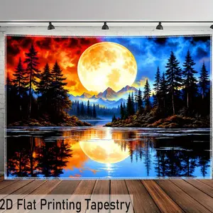 1 piece - Large size - Tranquil and dreamy moon forest, lake, mountain landscape photo large-format digital printed tapestry, polyester aesthetic printed fabric, suitable for living room, bedroom, office, family room, party decoration, and wall decoration