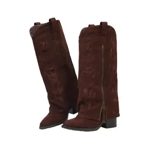 Women's Faux Suede Embroidered Fold Over Cowboy Boots Footwear Footwear Women