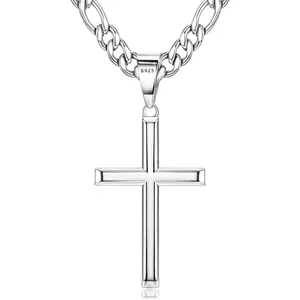 925 Sterling Silver Cross Necklace for Men Women Durable Stainless Steel Figaro Link Cuban Chain Crucifix Pendant Necklace Jewelry 2pcs Length Chains