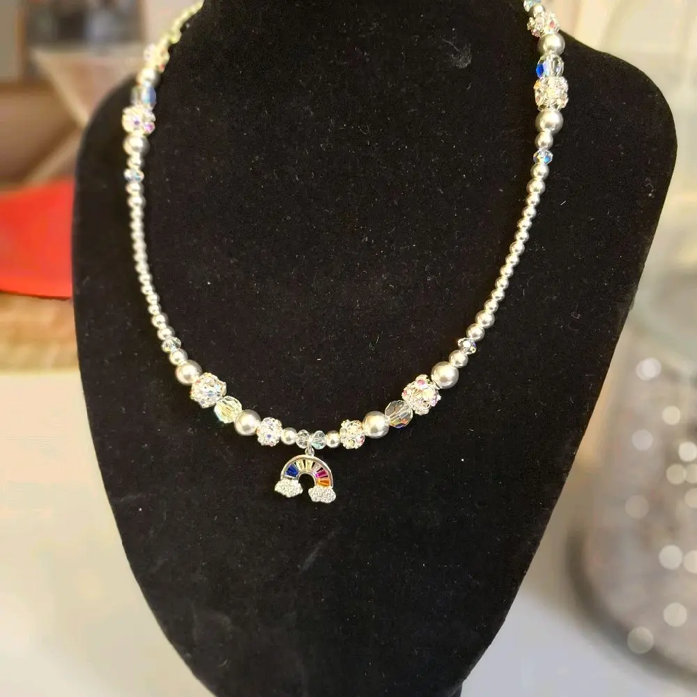 Sterling Silver Beaded Necklace with Rainbow Pendant