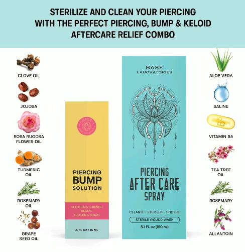Base Laboratories Piercing Aftercare Kit - 4oz Sea Salt Spray & 0.5oz Bump Oil - Soothing & Shrink Keloids - All-Natural Piercing Care Solution
