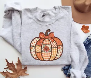 Patchwork Pumpkin Sweatshirt, Women's Preppy Fall Sweater, Thanksgiving Pumpkin Sweatshirt, Pumpkin Season Crewneck, Cute Halloween Gift