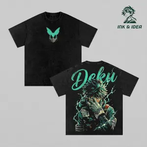 Deku Lightning Vintage Washed T-Shirt, Izuku Midoriya Hero Suit Anime Tee, Oversized Back Print MHA Streetwear Heavy Cotton Shirt