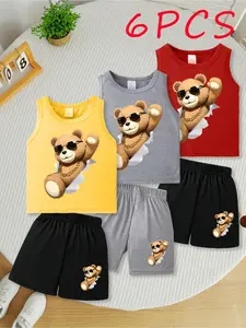6Pcs，Boys' Bear Cartoon Print Vest Shorts Casual Set, 6-Piece Spring Summer, Breathable Comfort for Daily & Outdoor Wear, Perfect Holiday Gift