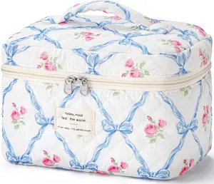 HBselect Large Quilted Makeup Bags for Women, Cute Cotton Travel Cosmetic Bags with Handle, Gifts for Bridesmaids, Portable Coquette Floral Make up Bag, Toiletry Cosmetic Bag