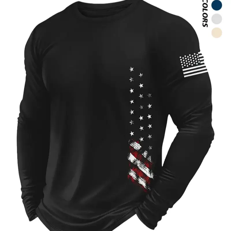 Men's American Flag Print Graphic Round Neck Long Sleeve Casual Style Tee, Regular Fit Fitted Casual Crew Neck T-shirt for Fall & Winter, Men's Top for Daily Wear