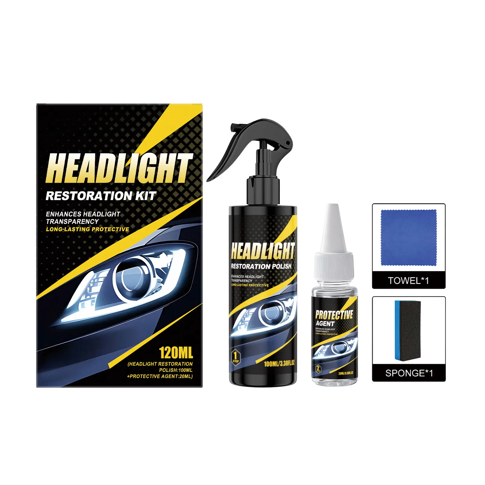 Car Headlight Restoration Kit, No Power Tools Required, Headlight Cleaner & Restorer Spray with Crystal Coating, Removes Yellowing and Oxidation, Easy Car Care Solution for Vehicle Headlights