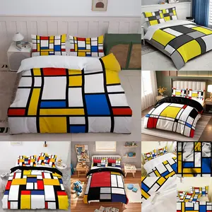 3pcs Modern Mona Lisa Style Geometric Print Bedding Set, Polyester Fiber, Includes 1 Fitted Sheet + 2 Pillowcases