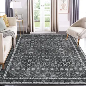 【GARVEE】- Washable area rug 8 x 10 inches, gray color, classic, traditional, foldable, thin, retro style, with floral print, non-slip rug, living room, dining room, office