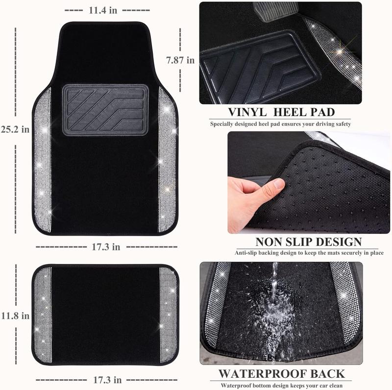 CAR PASS Bling Diamond Car Floor Mats,Shining Rhinestone Carpet Sparkly Glitter Anti-Slip Waterproof Universal Fit SUV,Sedan,Van,Cute Girl Women,4pcs