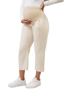 INSPIRE CHIC Women's Cotton Maternity Pants Straight Slacks Casual Over Belly Cropped Pregnancy Trousers with Pockets Beige