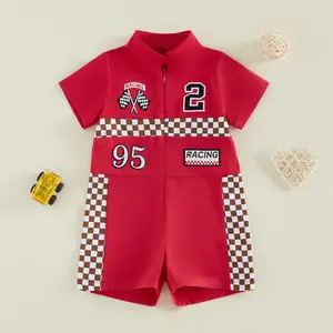 Afunbaby Toddler Infant Baby Boys Race Car Romper Outfits Short Sleeve Plaid Numbers Summer Jumpsuit Romper Clothes