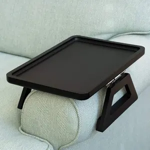 Foldable Sofa Armrest Tray Table, Clip-On Couch Snack Tray With Raised Edge, Natural Bamboo/Wood, Non-Slip, For Eating Drinking Watching TV, Fits Most Couch Arms, Space Saving Side Table