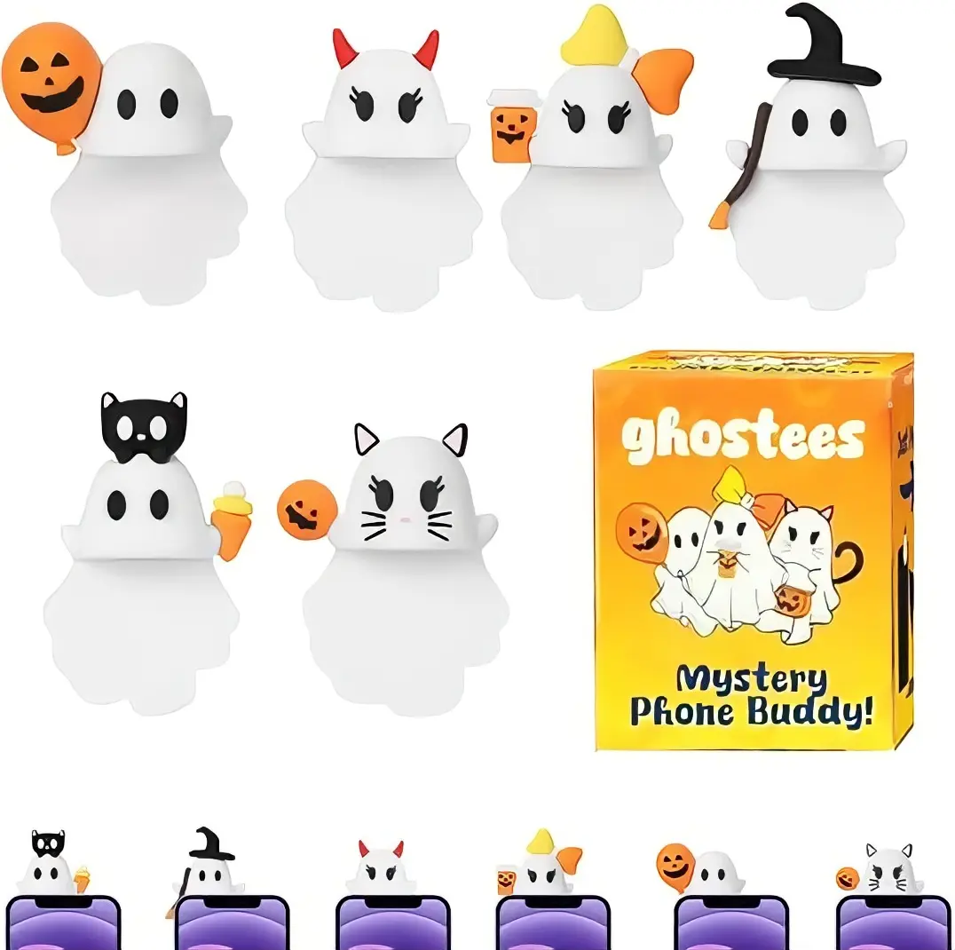 3D 6 Ghostees Mysterious Phone Companions Cute Halloween Themed Faux Leather Phone Decorations Peel and Stick Surprise Mini Figures with Ghosts Pumpkins and Bats Fun Desktop Accessories for All Phones Prank Design