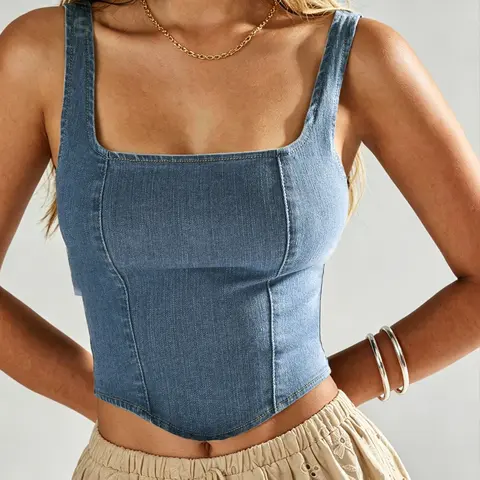 Women's Denim Top Elastic Blue Strap Short Shirt, Fashionable Streetwear Jean Vest, Stylish for Casual Wear, Crop Tank Top