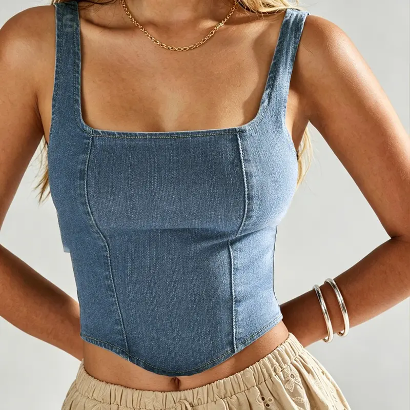 Women's Denim Top Elastic Blue Strap Short Shirt, Fashionable Streetwear Jean Vest, Stylish for Casual Wear, Crop Tank Top