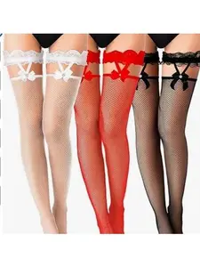 Pack of 3 pairs WomensLaceFishnetMeshThighHighStockingsWithGarterBowSexyComfortDurableNylon Bow Suspenders Lace Fishnet Stockings Fishnet Thigh High Stockings with Suspenders