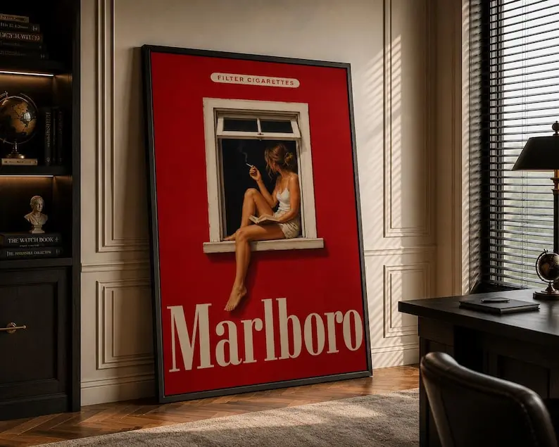 [Unframed Poster] Vintage Marlboro Reading Woman Poster, Retro Red Wall Art, Literary Print