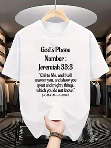 Jeremiah 33:3 Bible Verse T-shirt- "God's Phone Number Is Calling Me" Religious T-shirt, Printed with the Jeremiah 33:3 Verse, Black Background with White Print, Suitable for All Seasons, Christian Clothing, Perfect for Church, Prayer, and Everyday